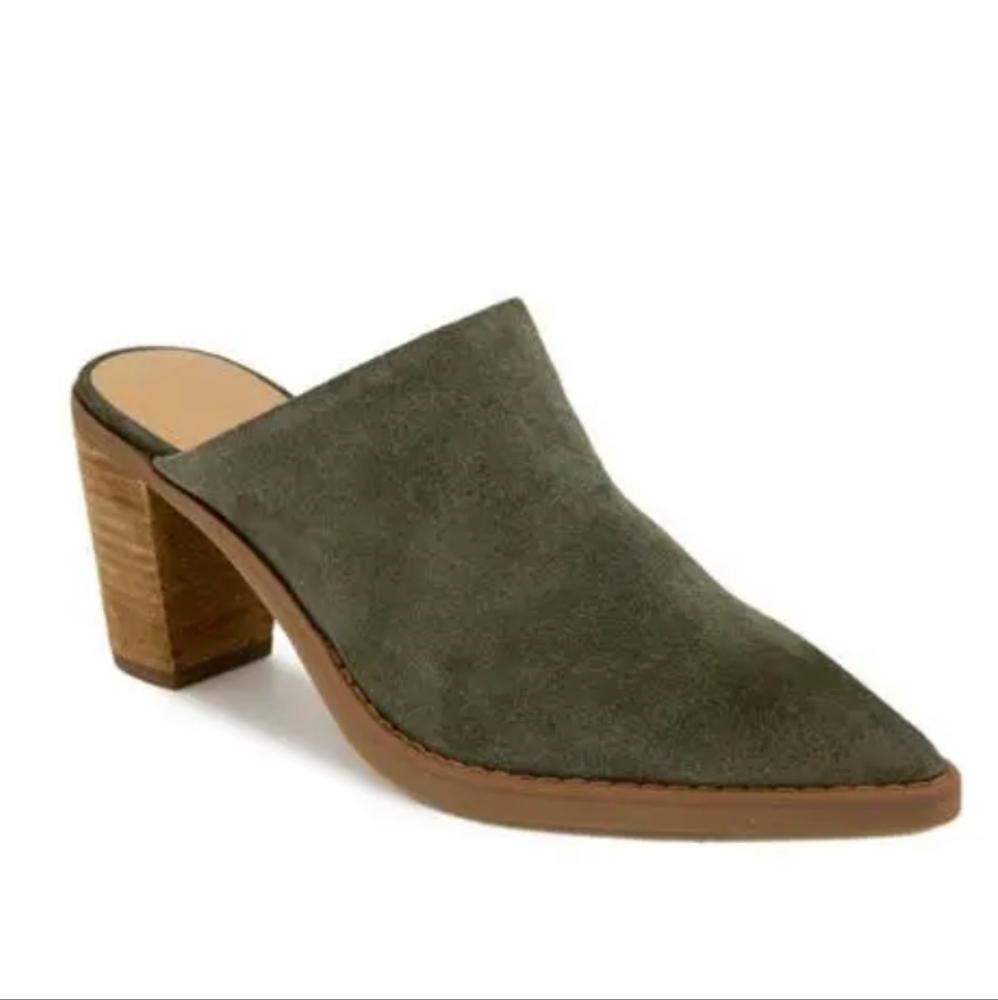 Splendid Olive Genuine Suede Slip-On Roberta Stacked Heel Mules